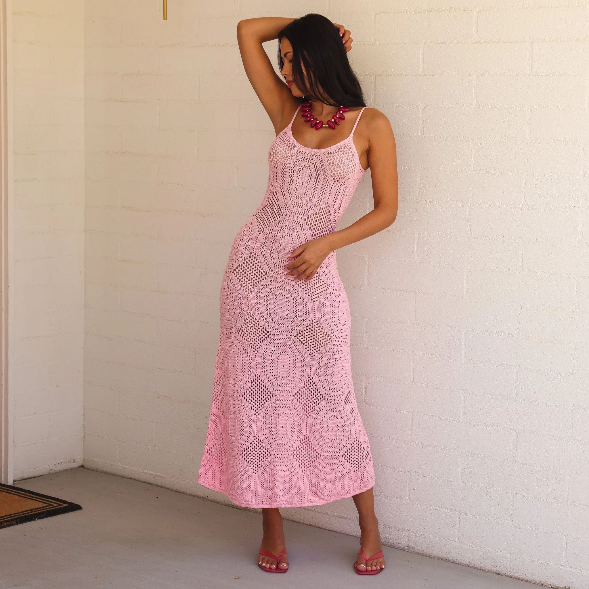Crochet Lace Knit Maxi Dress - Pocket Pink - Image 3