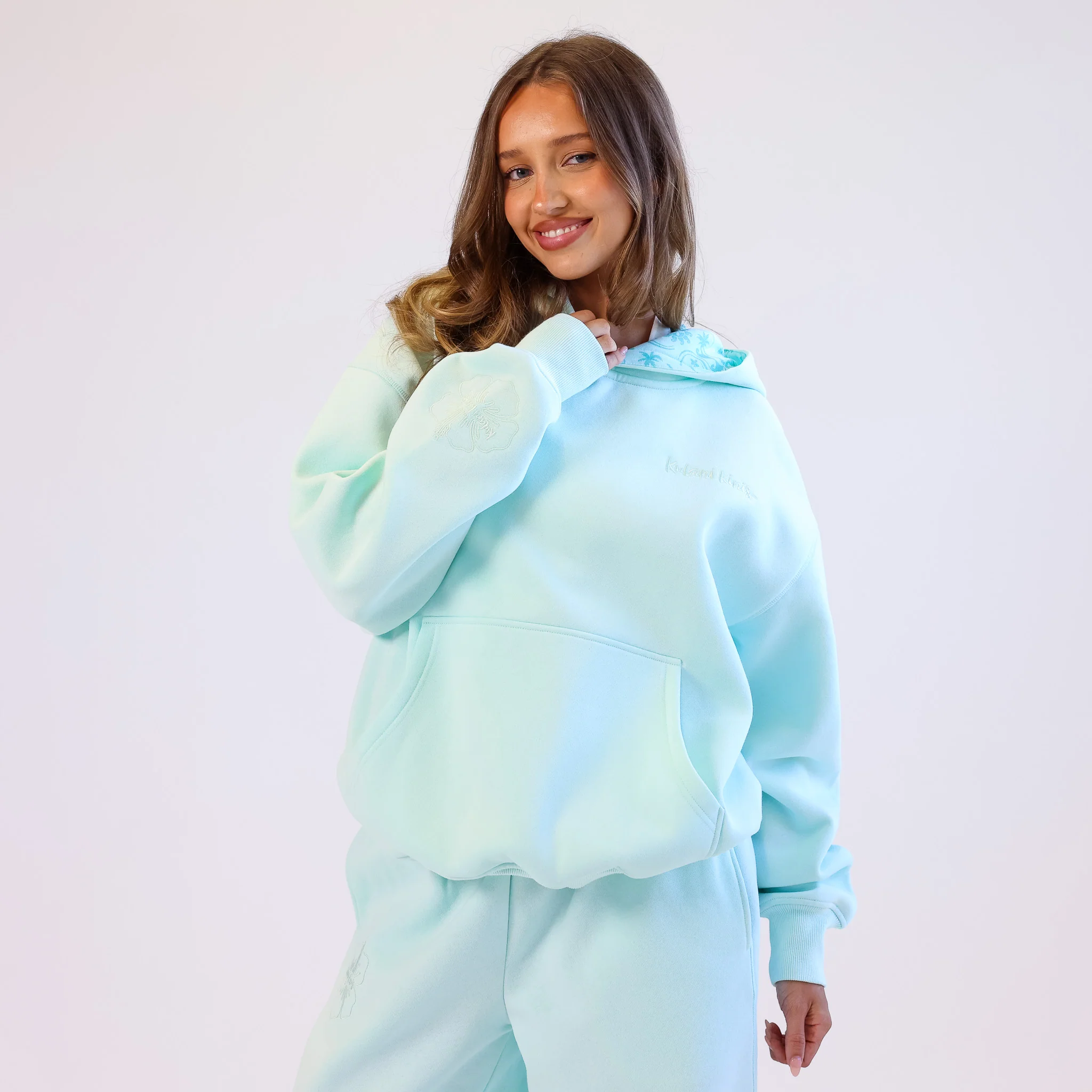 Embroidered Drawstring Hoodie - Jelly Mint - Image 6